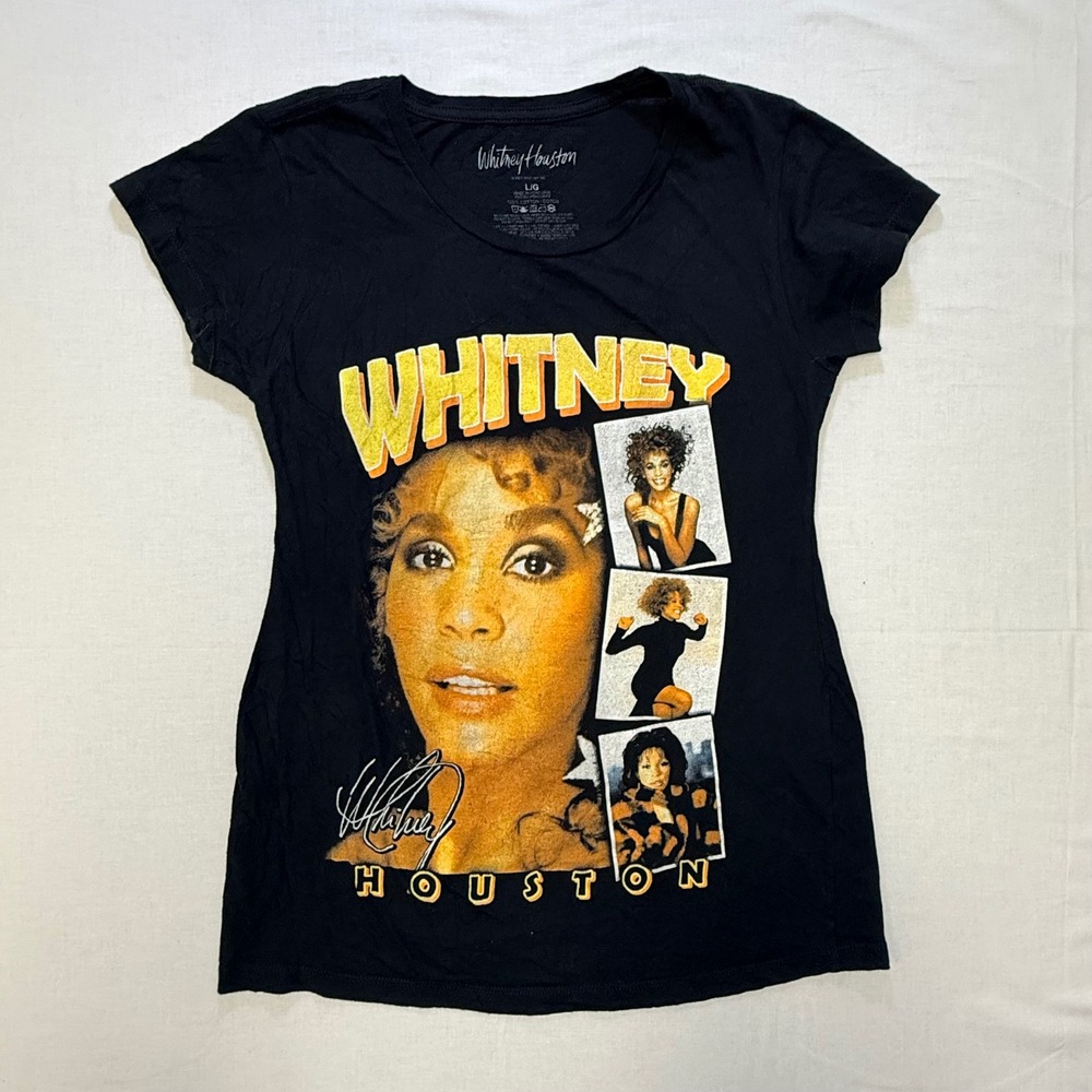 Whitney Houston Graphic T-Shirt Black Cotton Short Sleeve Women Large Collage
